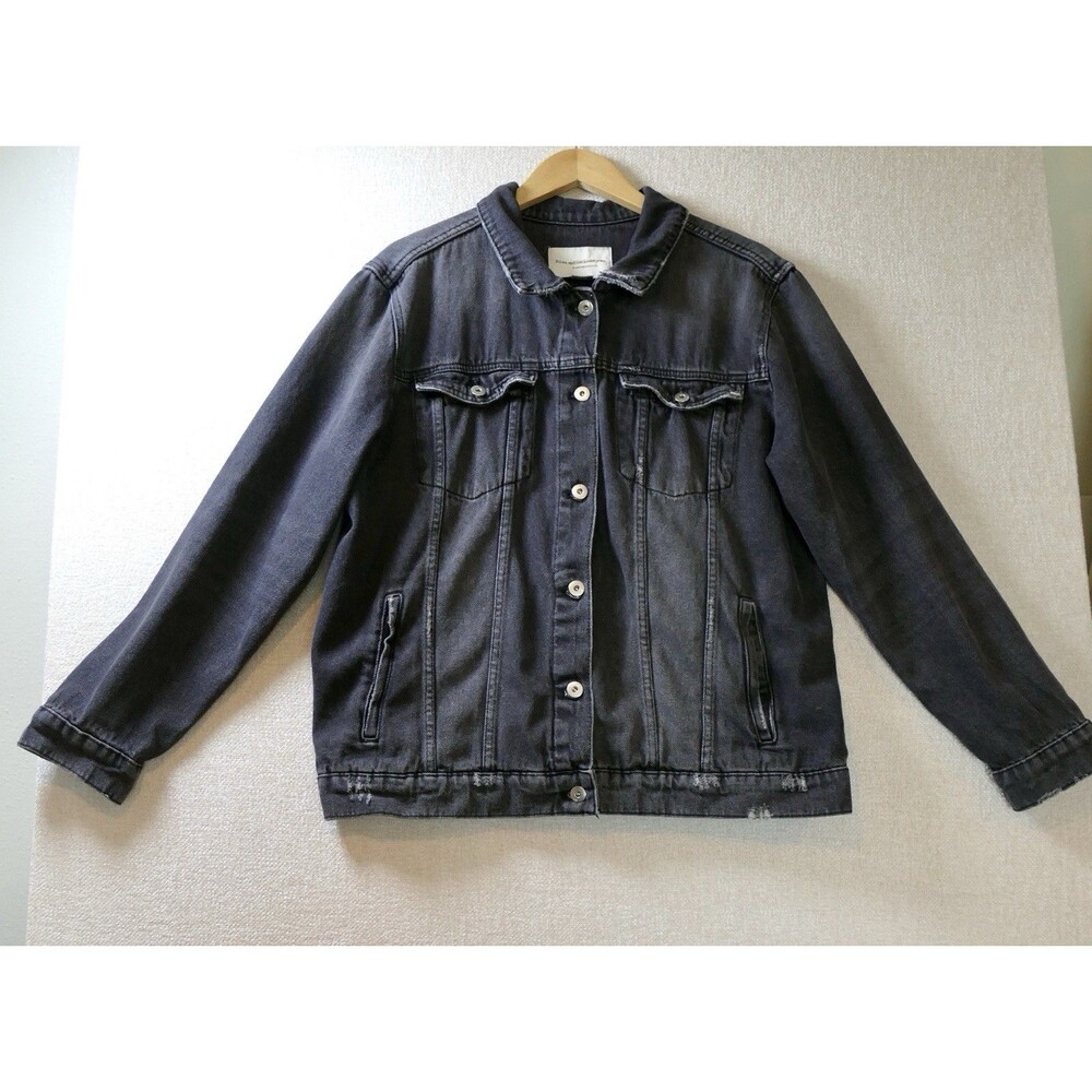 Pilcro Anthropologie Black Denim Trucker Jacket Women’s XL Stretch Distressed